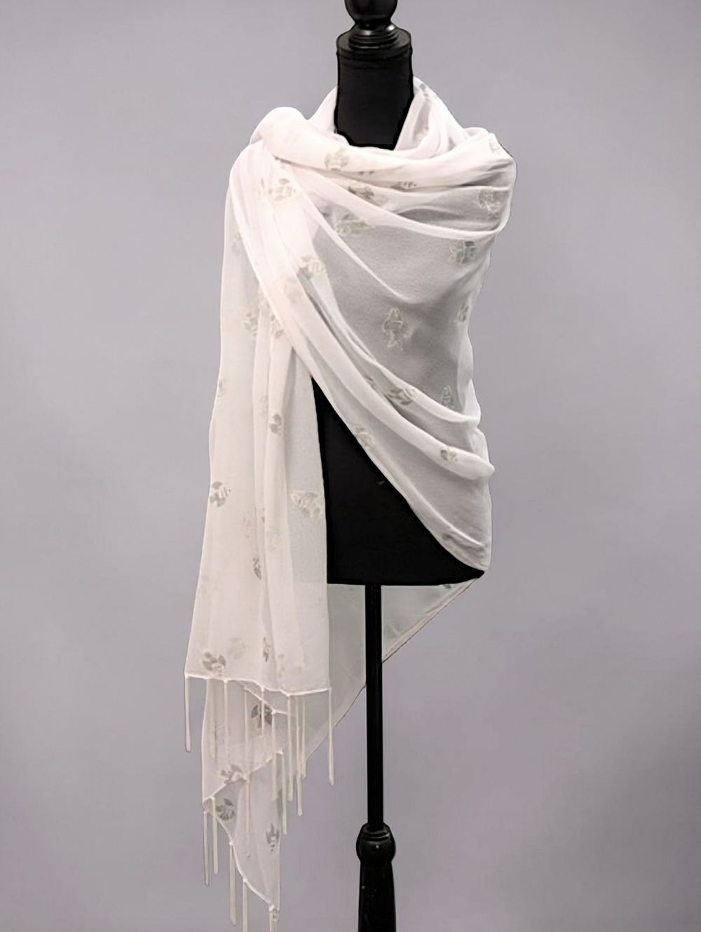 Aremar White Fish Print Scarf Tassel Trim Sheer Novelty Coastal